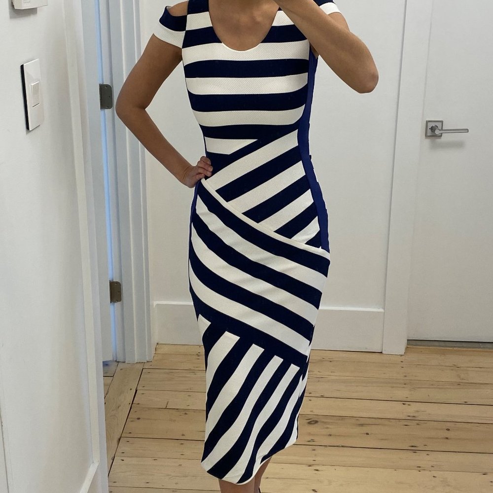 NWT Karen Millen Navy Blue and White Striped Bodycon Midi Dress UK 6 EU 34 US2